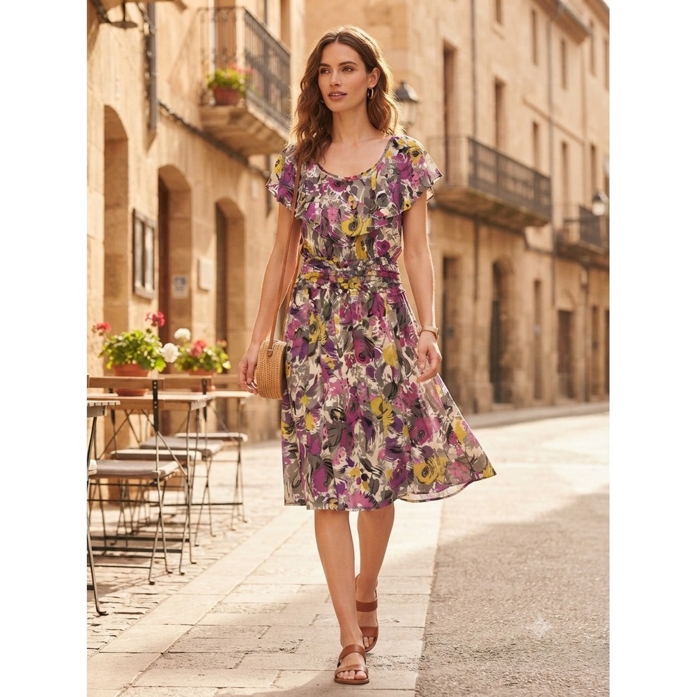 Elle Boho Floral Midi Dress Small Fuchsia Mustard Smocked Waist Flutter Sleeve S